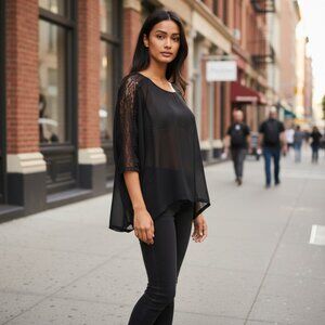 THERAPY Sheer Black Lace Blouse 10 M Top 3/4 Sleeve Tulip Hem Indie Goth Punk